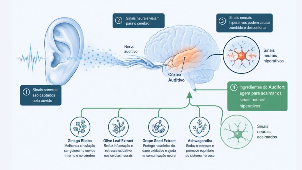Infographic showing how tinnitus supplements calm hyperactive brain signals in the auditory cortex