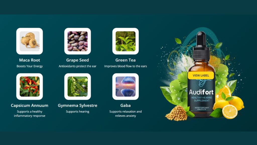 Natural ingredients profile of Audifort including Maca Root, Grape Seed, and GABA