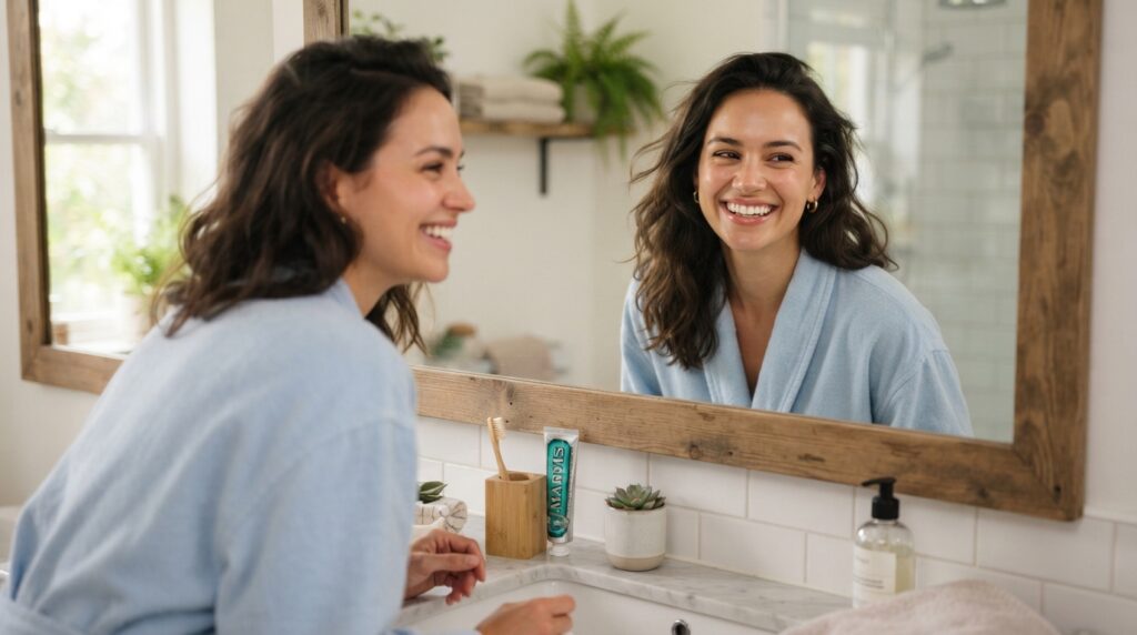 Happy customer smiling after improving daily oral care routine