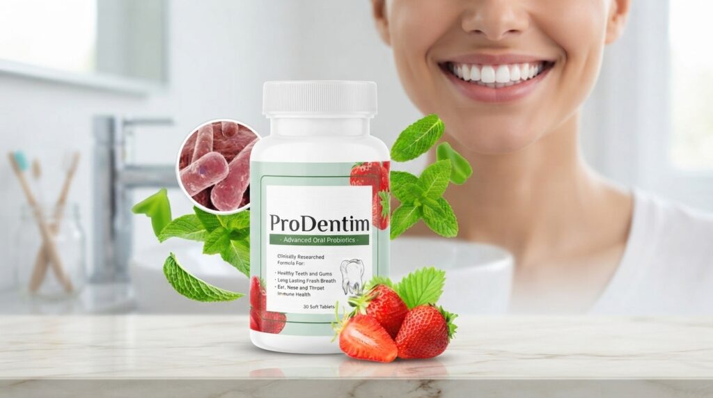 ProDentim oral probiotic bottle displayed with healthy smile