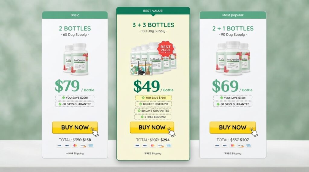 ProDentim pricing options including 2-bottle, 3-bottle, and 6-bottle packages