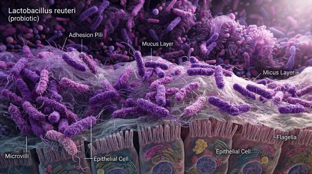 Scientific illustration of Lactobacillus reuteri probiotic bacteria