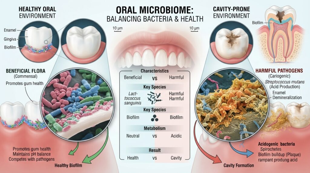 Illustration showing the balance between beneficial and harmful oral bacteria